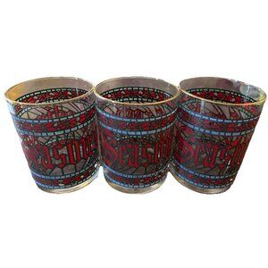 (3) VTG Houze Season's Greetings Stained Glass Christmas Holiday 12oz Glasses